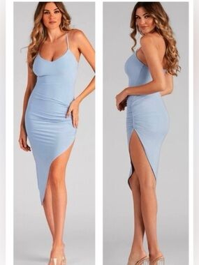 Windsor Dress Blue Bodycon Ruched Asymmetrical Midi S (Jrs) Cocktail Chic NWT